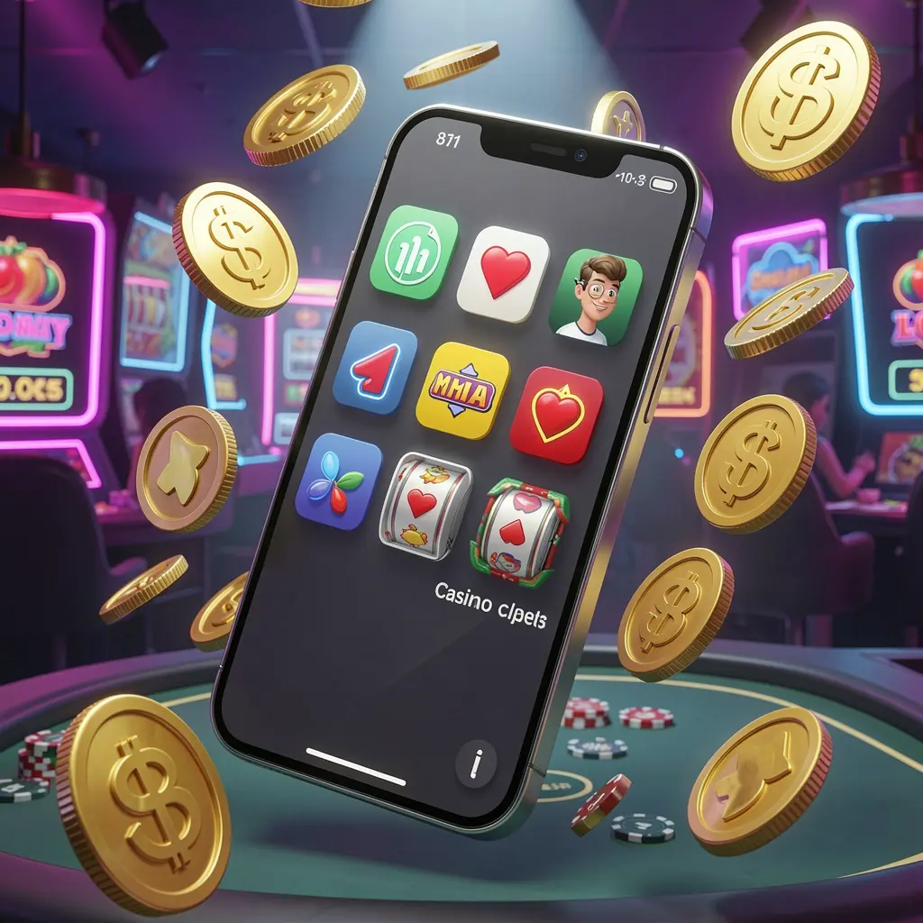 Realistic 3D render of an Android phone displaying the Q8808 casino app with app icons, surrounded by golden coins and slot symbols floating in a neon casino atmosphere
