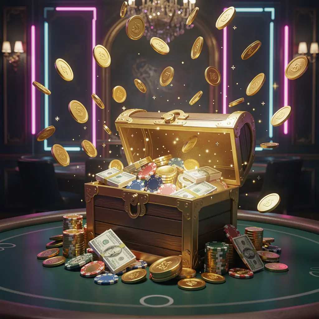 A premium online casino bonus hero banner for Q8808 featuring golden coins flying in the air and a glowing treasure chest full of chips and cash against a luxury dark background with neon accents, creating a festive and elegant casino atmosphere with cinematic 3D realistic lighting