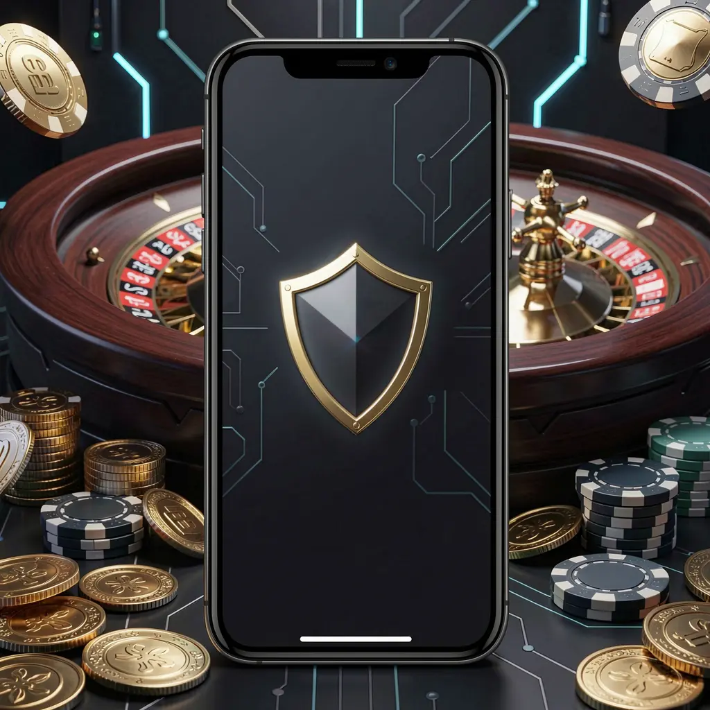 Q8808 secure mobile casino login screen showing a phone with a shield icon, roulette wheel, poker chips, and golden coins in a dark cyber luxury atmosphere