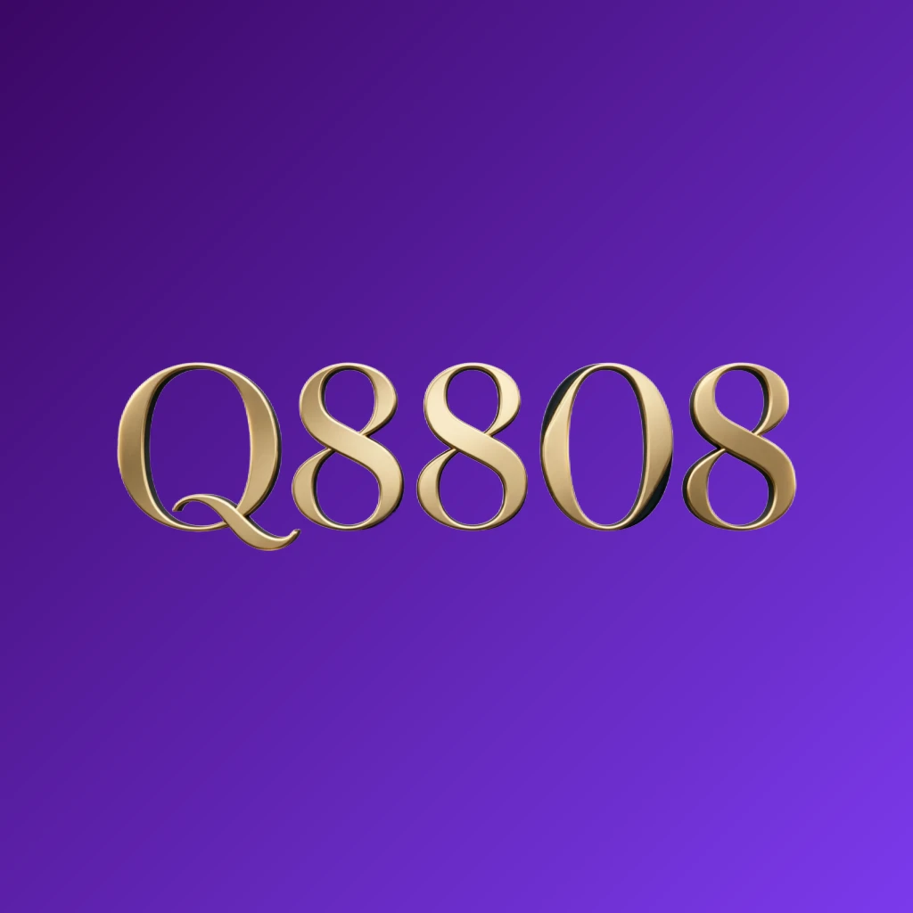 Luxury Q8808 logo with elegant gold serif typography on a black background, featuring minimal ornament details in a horizontal rectangular wordmark style for a website header