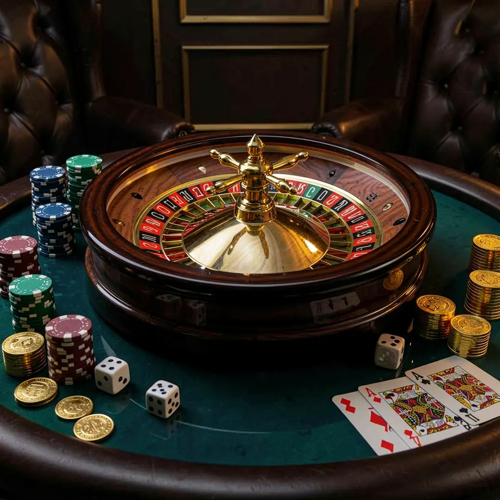 Q8808 premium casino homepage scene featuring a roulette wheel spinning on a glossy table surrounded by poker chips, dice, cards, and golden coins against an elegant dark background with cinematic lighting